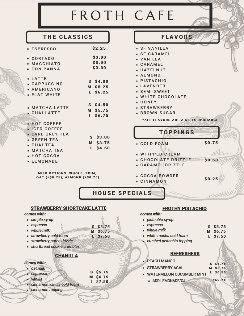 Froth Cafe Menu - Page 1